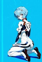 1girls ai_generated ass blue_background blue_hair full_body kneeling looking_back neon_genesis_evangelion rei_ayanami serious shoppy short_hair