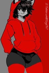 black_fur black_hair black_panties bulge curvy_figure curvy_male feline femboy furry gay gray_fur hoodie kloyd767 panties_on_penis red_eyes red_hoodie roy(kloyd767) simple_background smirking thick_thighs thigh_highs