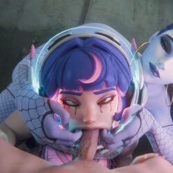 1male 2 ahe_gao big_penis blender blowjob cero3d deepthroat earrings female female_focus fingers fishnets forced_oral futanari highres juno_(overwatch) nose_blush overwatch overwatch_2 runny_makeup sloppy_blowjob teeth widowmaker