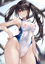 2d 2d_(artwork) asle black_hair breasts date_a_live heterochromia light-skinned_female looking_at_viewer looking_down nipples_visible_through_clothing pussy_visible_through_clothes red_eyes solo solo_female solo_focus swimsuit thighs tokisaki_kurumi twintails