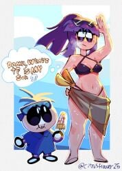 beach beach_towel bikini english_text eyelashes eyewear_on_head lila_(spooky_month) skid_(srpelo) sunburn sunglasses