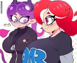 2girls big_breasts breasts breasts_bigger_than_head fully_clothed fully_clothed_female glasses horns huge_breasts large_breasts octoling octoling_girl pink_tail purple_eyes purple_hair purple_horns quavernsfw red_eyes red_hair shocked shocked_expression shocked_eyes simple_background smiling splatoon splatoon_(series) staring staring_at_breasts sweat sweating tail