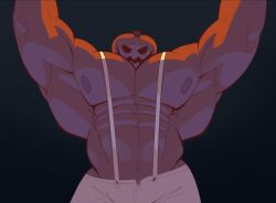 abs bara big_biceps cerwcerw halloween_theme male_only muscular_male pants_bulge pecs pumpkin pumpkin_head small_head topless_male