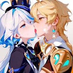 1boy 1girls aether_(genshin_impact) ai_generated furina_(genshin_impact) horny_female kissing long_hair mihoyo pleasure_face sex straight