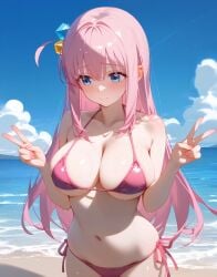 ai_generated bare_legs beach big_breasts bikini blue_eyes blush bocchi_the_rock! embarrassed gotou_hitori hair_ornament huge_breasts huge_thighs light-skinned_female light_skin long_hair mako_(artist) massive_breasts oiled_body oiled_skin peace_sign pink_hair solo_female squatting sweat sweatdrop thick_body thick_female thick_thighs thighs voluptuous voluptuous_female