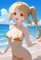 ai_generated bare_legs beach bikini blonde_hair bocchi_the_rock! curvaceous curvy_female ijichi_nijika light-skinned_female light_skin looking_at_viewer mako_(artist) medium_breasts oiled_body oiled_skin red_eyes side_ponytail smiling solo_female squatting sweat sweatdrop thighs