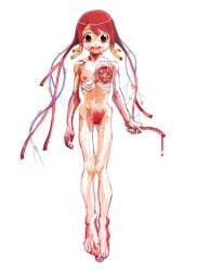 avvunka blood blood_from_mouth blood_on_face breasts completely_nude emaciated feet female guro injury nude original red_eyes red_hair ribs skinny small_breasts smile solo veins