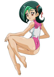 ass barefoot breasts feet female green_hair kotori_mizuki open_mouth soles solo straw_(yokubou_hiroba) swimsuit toes tori_meadows yu-gi-oh! yu-gi-oh!_zexal