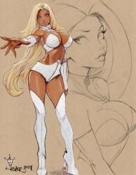 blonde_female blonde_hair blue_eyes breasts cameltoe emma_frost jesterart large_breasts marvel marvel_comics new_x-men nipple_bulge nipples pussy_bulge tan_body tanned tanned_female white_queen x-men