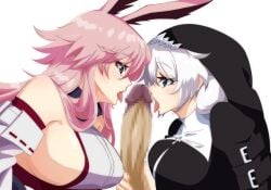 1boy 2girls animal_ears big_breasts blowjob blue_eyes blush censored clothed clothed_female eyebrows_visible_through_hair fellatio ffm_threesome fox_ears fox_girl holding_penis honkai_impact_3rd imminent_oral kallen_kaslana kemonomimi large_breasts long_hair looking_at_partner nun_outfit pink_hair purple_eyes ssgssbaron threesome tongue_out white_hair yae_sakura