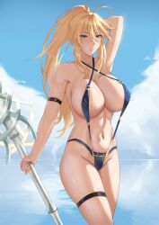 artoria_pendragon_(lancer) fate/grand_order freed_turing huge_breasts sling_bikini thigh_strap thighs