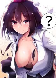 ? black_hair black_skirt blush breasts brown_eyes buttons chipa_(arutana) closed_mouth collared_shirt downblouse extended_downblouse female hair_between_eyes hand_on_own_hip hat large_breasts leaning_forward long_sleeves looking_at_viewer navel nipples no_bra pom_pom_(clothes) popped_button shameimaru_aya shirt short_hair skirt smile solo spoken_question_mark tokin_hat touhou unbuttoned unbuttoned_shirt upper_body veins veiny_breasts wardrobe_malfunction white_shirt