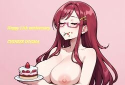 1girls 4_fingers ai_generated anniversary areolae big_breasts blossomtea breasts cake celebration chewing chinese_dogma_(vocaloid) civitai collarbone crumbs crumbs_on_face eating eating_cake eyebrows eyebrows_visible_through_hair eyelashes eyewear glasses hairclip hassaku_xl highlights highlights_(coloring) holding holding_plate long_hair maha_no_hanashi masa_works_design nipples pink_background pink_glasses plate red_hair saint_luna_maria_kanzaki self_upload simple_background solo square_glasses strawberry strawberry_cake under-rim_eyewear under-rim_glasses upper_body vocaloid yellow_hairclip