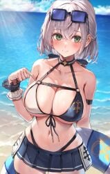 bare_shoulders beach bikini bikini_skirt black-framed_eyewear blush breasts cleavage cloud collarbone commentary_request covered_nipples day eyewear_on_head female front-tie_bikini_top front-tie_top green_eyes grey_hair hair_between_eyes hand_up highres hololive large_breasts looking_at_viewer mole mole_on_breast navel ocean outdoors parted_lips sand shirogane_noel shirogane_noel_(summer_2020) short_hair sky smile solo standing sunglasses swimsuit virtual_youtuber watao wavy_hair wet