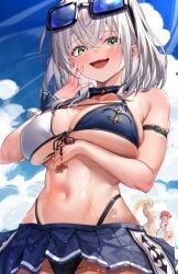 4girls absurdres animal_ears arm_garter bare_shoulders bikini bikini_skirt blonde_hair blue_hair blush breasts cleavage cloud cloudy_sky dark-skinned_female dark_skin day double_bun elf eyewear_on_head green_eyes grey_bikini grey_hair hair_between_eyes hair_bun heterochromia highleg highleg_bikini highres hololive houshou_marine houshou_marine_(summer) large_breasts long_hair looking_at_viewer medium_hair multicolored_hair multiple_girls navel open_mouth pointy_ears ponytail raag_jp rabbit_ears red_bikini red_eyes red_hair shiranui_flare shirogane_noel shirogane_noel_(summer_2020) sky smile streaked_hair swimsuit teeth twintails upper_teeth_only usada_pekora virtual_youtuber wavy_hair white_hair yellow_eyes