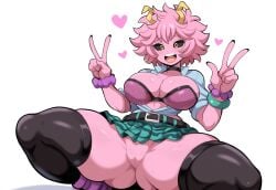 1girls ai_generated ashido_mina big_breasts female grin mina_ashido mullon my_hero_academia no_panties novelai pink_hair pussy smile superheroine thick_thighs