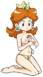 1boy 1girls angry barefoot blue_eyes blush breasts brown_hair crown disembodied_penis earrings female flower_earrings handjob human lips male mario_(series) mushroom mushroom_penis navel nintendo nipples on_knees outercourse paizuri pale_skin panties penis penis_grab princess_daisy shoulder_length_hair straight super_mario_bros. thecrazypartyco thick thick_thighs thighs topless two-handed_handjob w.t.dinner wide_hips yellow_panties