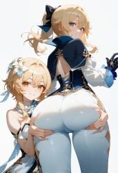 ai_generated ass_grab athletic_female back_view backboob bare_thighs big_ass big_breasts big_butt blonde_hair blue_eyes fat_ass female_face_near_ass genshin_impact gigantic_ass hair_ribbon head_on_ass huge_thighs jean_gunnhildr light-skinned_female light_skin looking_at_viewer looking_back lumine_(genshin_impact) mako_(artist) massive_ass oiled_body oiled_skin orange_eyes ponytail short_hair smiling squatting sweat sweatdrop thick_thighs thighs voluptuous voluptuous_female white_pants yuri