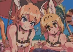 1boy 2girls beach caracal_(kemono_friends) cleavage kemono_friends kemonomimi male_pov serval_(kemono_friends) swimsuit teriiman