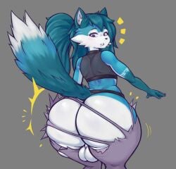 anthro ass backsack balls big_balls big_butt bottomwear butt_jiggle canid canine cerinian clothed clothing crop_top dipstick_tail femboy fox fur fur_markings fur_pattern genitals hair huge_balls huge_butt huge_hips huge_thighs humanoid hyper hyper_butt jiggling jo_(cerinia) long_hair looking_at_butt looking_back male mammal markings nebssik open_mouth pants shirt simple_background solo surprise sweater tail tail_markings thick_thighs topwear torn_bottomwear torn_clothing torn_pants turtleneck wardrobe_malfunction wide_hips