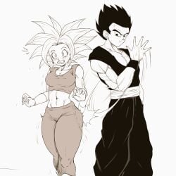 1boy 1girls abs bare_shoulders blush bracelet clothed dragon_ball dragon_ball_super earrings female fusion ivyneko kefla male monochrome potara_earrings saiyan short_hair son_gohan spanking