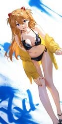 1girls ai_generated alternate_costume asuka_langley_sohryu black_bikini feet_out_of_frame nails navel neon_genesis_evangelion orange_hair shoppy smile sweater