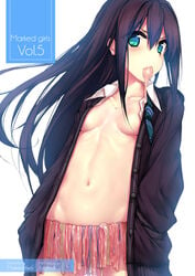 beauty_love black_hair breasts cardigan condom condom_in_mouth condom_skirt cover cover_page doujin_cover female green_eyes hands_in_pockets idolmaster idolmaster_cinderella_girls long_hair mouth_hold multiple_condoms navel necktie no_bra open_cardigan open_clothes shibuya_rin used_condom