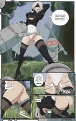 android comic cornercats cuntbusting defeated defeated_heroine gasp high_heel_boots high_heels leotard low_blow nier:_automata on_knees only_female open_mouth pain robot ryona thighhighs thighs white_hair yorha_2b