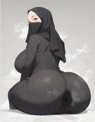 1girls ai_generated anus anus_through_clothes brown_eyes cameltoe from_behind huge_ass huge_breasts looking_at_viewer looking_back muslim muslim_female sitting steam supergetthi