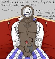 bara blackmail couch dandy's_world floating_hands floating_tongue hands_behind_back magnifying_glass muscular_male object_head paying regret rodger_(dandy's_world) sitting wtf_is_this