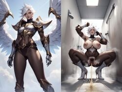 1girls ai_generated angel angel_wings armor ass ass_focus bathroom bodysuit cameltoe child_bearing_hips female female_focus female_only golden_eyes instant_loss_2koma kainl kayle league_of_legends peeing peeing_self piss piss_puddle pissing pubic_hair pussy pussy_visible_through_clothes riot_games shaking solo solo_female solo_focus squat squatting thick thick_ass thick_legs thick_thighs watersports white_hair wings