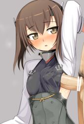 arm_up armpits blush breasts brown_eyes brown_hair erect_nipples erection female frottage headband headgear kantai_collection kumadano looking_at_viewer naizuri nude_male open_mouth penis penis_under_clothes short_hair solo_focus sweat taihou_(kantai_collection) testicles