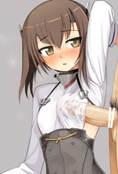 arm_up armpits blush breasts brown_eyes brown_hair censored erect_nipples erection female frottage headband headgear kantai_collection kumadano looking_at_viewer male naizuri nude_male open_mouth penis penis_under_clothes short_hair solo_focus taihou_(kantai_collection) testicles