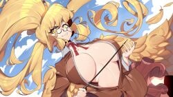 1girls artist_request blonde_hair breasts cleavage feathered_wings feathers female female_focus freaked_fleapit glasses inner_sideboob large_breasts long_hair looking_at_viewer mrpsina official_art open_clothes ponytail sister_june_(freaked_fleapit) skirt sky tagme very_long_hair wings yellow_eyes