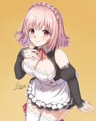 2d 2d_(artwork) breasts cleavage clothed date_a_live dress light-skinned_female looking_at_viewer maid maid_outfit maid_uniform pink_eyes pink_hair short_hair socks solo solo_female sonogami_rinne thighs