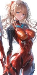 1girls ai_generated asuka_langley_sohryu holding_weapon large_breasts neon_genesis_evangelion orange_hair plugsuit shoppy spear