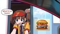 1boy ai_generated black_eyes blush brittle brown_hair car_interior double_cheese_(mcdonald&#039;s) drive_thru employee_uniform female headset mcdonald&#039;s microphone necktie shirt short_sleeves short_twintails stable_diffusion sweat twintails visor_cap