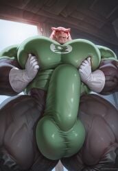 1boy abs ai_art ai_generated alien bara bara_tiddies bara_tits big_pecs bodysuit bulge bulge_through_clothing dc dc_comics fangs green_lantern green_lantern_(series) huge_pecs humanoid hyper_balls hyper_genitalia hyper_pecs hyper_penis kilowog large_pectorals male male_breasts male_only manboobs massive_pecs moobs muscular muscular_male pecs pectorals pink_skin rokudenashi_(style) rokuworshiper skinsuit squished_breasts