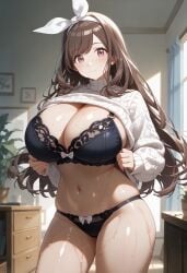 ai_generated bare_legs bra breasts_out brown_hair exposed_breasts gigantic_breasts huge_bra huge_breasts huge_thighs idolmaster idolmaster_shiny_colors light-skinned_female light_skin long_hair looking_at_viewer mako_(artist) massive_breasts oiled_body oiled_skin purple_eyes smiling solo_female squatting sweat sweatdrop thick_body thick_female thick_thighs thighs tsukioka_kogane voluptuous voluptuous_female