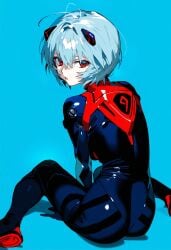 ai_generated ass black_plugsuit blue_background blue_hair looking_back neon_genesis_evangelion open_mouth plugsuit rei_ayanami shoppy short_hair spread_legs