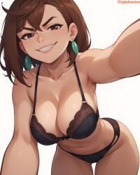 1female ai_generated arms_towards_viewer ayase_momo black_underwear bra brown_eyes brown_hair covered_breasts covered_pussy dandadan dominant dominant_female dopeamino earrings female female female_focus girl large_breasts lingerie looking_at_viewer medium_hair navel panties seductive seductive_look selfie selfie_pose simple_background smile smirk smug teeth thigh_gap thighs underwear white_background young_female