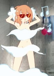 1girls breasts coolyori doki_doki_literature_club e1yk female female_only glasses hands_in_hair hands_in_own_hair navel sayori_(doki_doki_literature_club) shower showering solo steam steam_censor suds sunglasses washing washing_hair