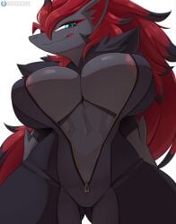 1girls anthro big_ass big_breasts black_body black_fur black_skin bodysuit breasts cooliehigh female female_only fox_ears huge_breasts large_breasts nintendo non-human_areolae pokemon pokemon_(species) red_hair simple_background smiling solo unzipped unzipped_bodysuit zoroark