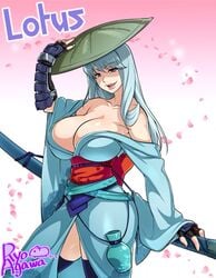 1girls breasts busty cleavage clothed huge_breasts kimono large_breasts lotus ryo_agawa silver_hair solo sword voluptuous weapon