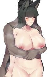 1boy absurdres animal_ear_fluff animal_ears black_hair blunt_bangs blush breasts closed_mouth collarbone completely_nude cowboy_shot dark-skinned_male dark_skin female fox_ears fox_girl highres hoshimi_miyabi hug hug_from_behind large_breasts looking_at_viewer nipples nude pussy red_eyes sidelocks simple_background uncensored vinsaint white_background zenless_zone_zero