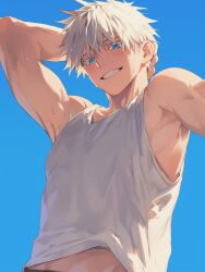 1boy ai_generated blue_eyes male_only satoru_gojo sweat wet white_hair