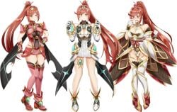 alternate_costume artist_request cosplay glimmer_(xenoblade) highres large_breasts mythra_(cosplay) nia_(cosplay) piubiscuit ponytail pyra_(cosplay) red_eyes xenoblade_(series) xenoblade_chronicles_2 xenoblade_chronicles_3 xenoblade_chronicles_3:_future_redeemed