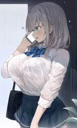 alternate_costume bag blue_bow blue_skirt bow bra_visible_through_clothes breast_pocket breasts cellphone collared_shirt female grey_hair hair_behind_ear highres holding holding_phone hololive hololive_fantasy hololive_japan huge_breasts medium_hair mou_tama_maru open_mouth phone pocket profile school_bag school_uniform shirogane_noel shirogane_noel_(school_uniform) shirt shirt_tucked_in skirt smartphone solo talking_on_phone tented_shirt virtual_youtuber wavy_hair wet wet_clothes wet_shirt white_shirt