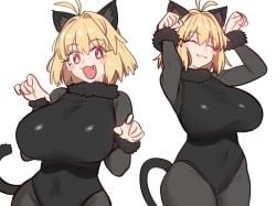 absurdres alternate_breast_size animal_ears arcueid_brunestud big_breasts black_leotard blonde_hair blush blush_stickers bodystocking boobs breasts breasts_bigger_than_head cat_ears cat_tail catgirl closed_eyes closed_mouth covered_navel ebora female fur_collar hands_up highres huge_breasts kagetsu_tohya large_breasts leotard looking_at_viewer monster_cat(kagetsu_tohya) multiple_views open_mouth pantyhose plump red_eyes short_hair smile tail thick_thighs tsukihime vampire vampire_girl wide_hips