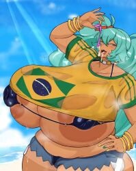 1girls artist_request blue_hair brazilian_miku condom dark-skinned_female dark_skin hatsune_miku looking_at_viewer tagme tanned thick_thighs twintails vocaloid